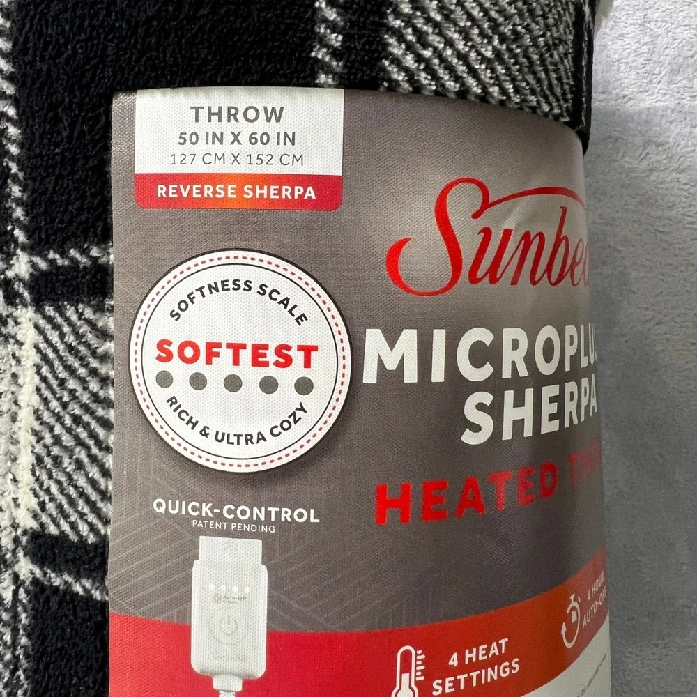 Sunbeam Microplush Sherpa Heated Throw Blanket 50x60 Black Plaid 4 Heat Auto Off